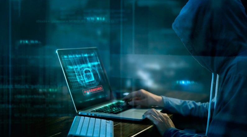 Cyber attack or computer crime hacking password on a dark background.